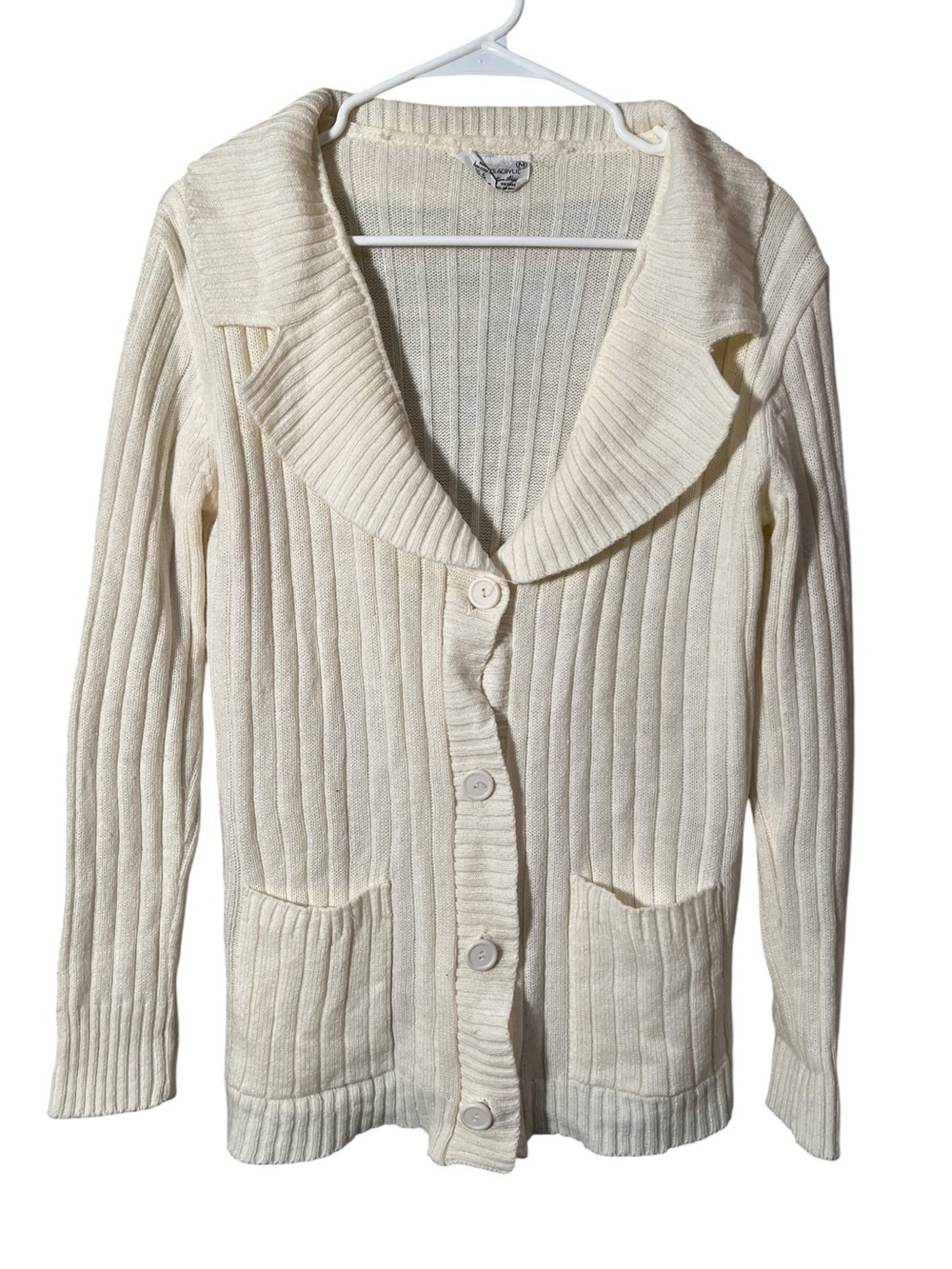 Vintage Kmart Women's Size Medium Cardigan Sweater Cream White Collared Pockets